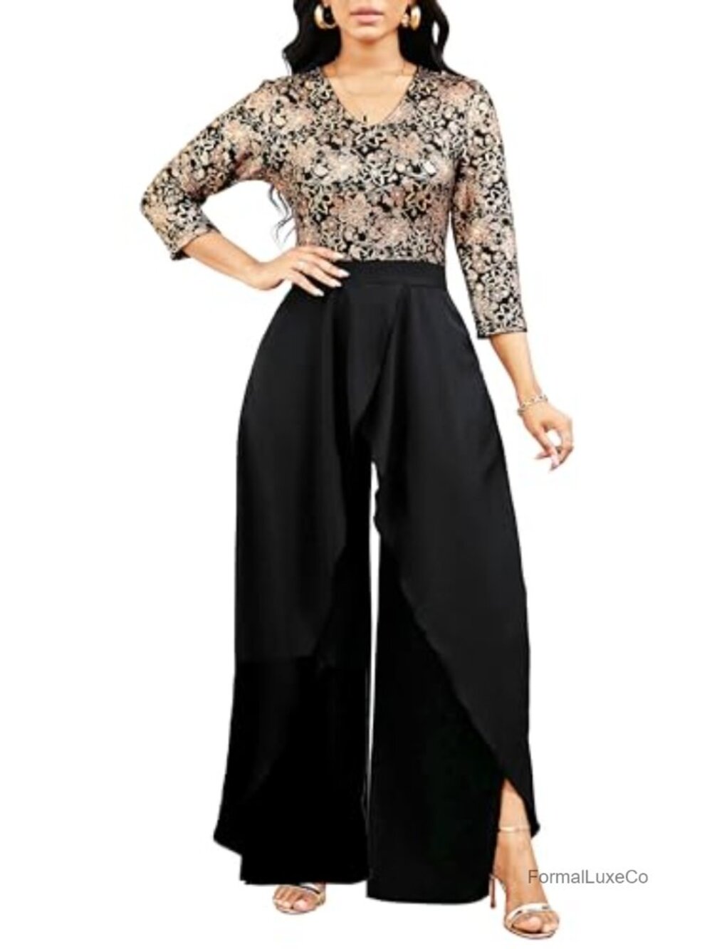 Sparkly Jumpsuit Women Long Lightweight Split Pants V-Neck 3/4 Sleeve Party